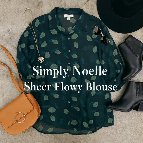 NWT Simply Noelle Sheer Button Down Tab-Sleeve Leaf Blouse Midnight Blue Sz XXL - Picture 1 of 14